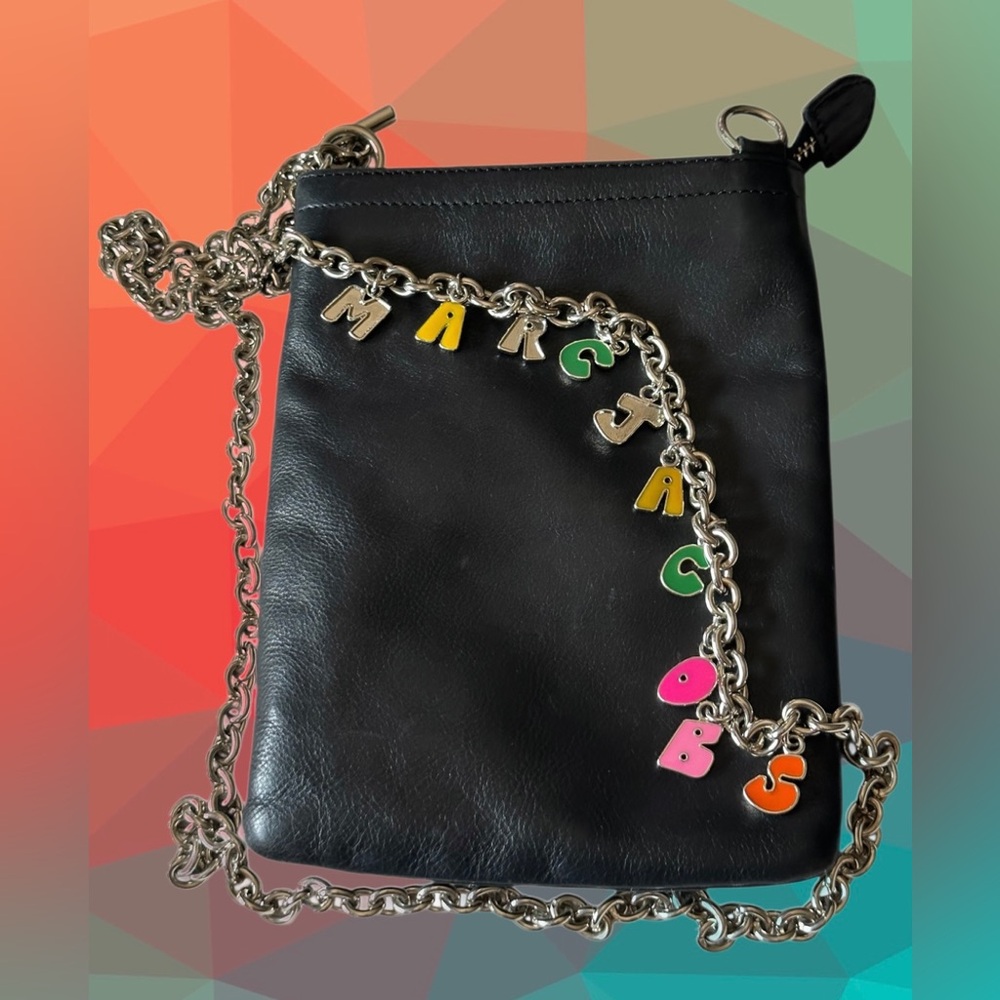 Marc Jacobs Black Leather Shoulder Bag with Silver Charm Logo Chain Strap